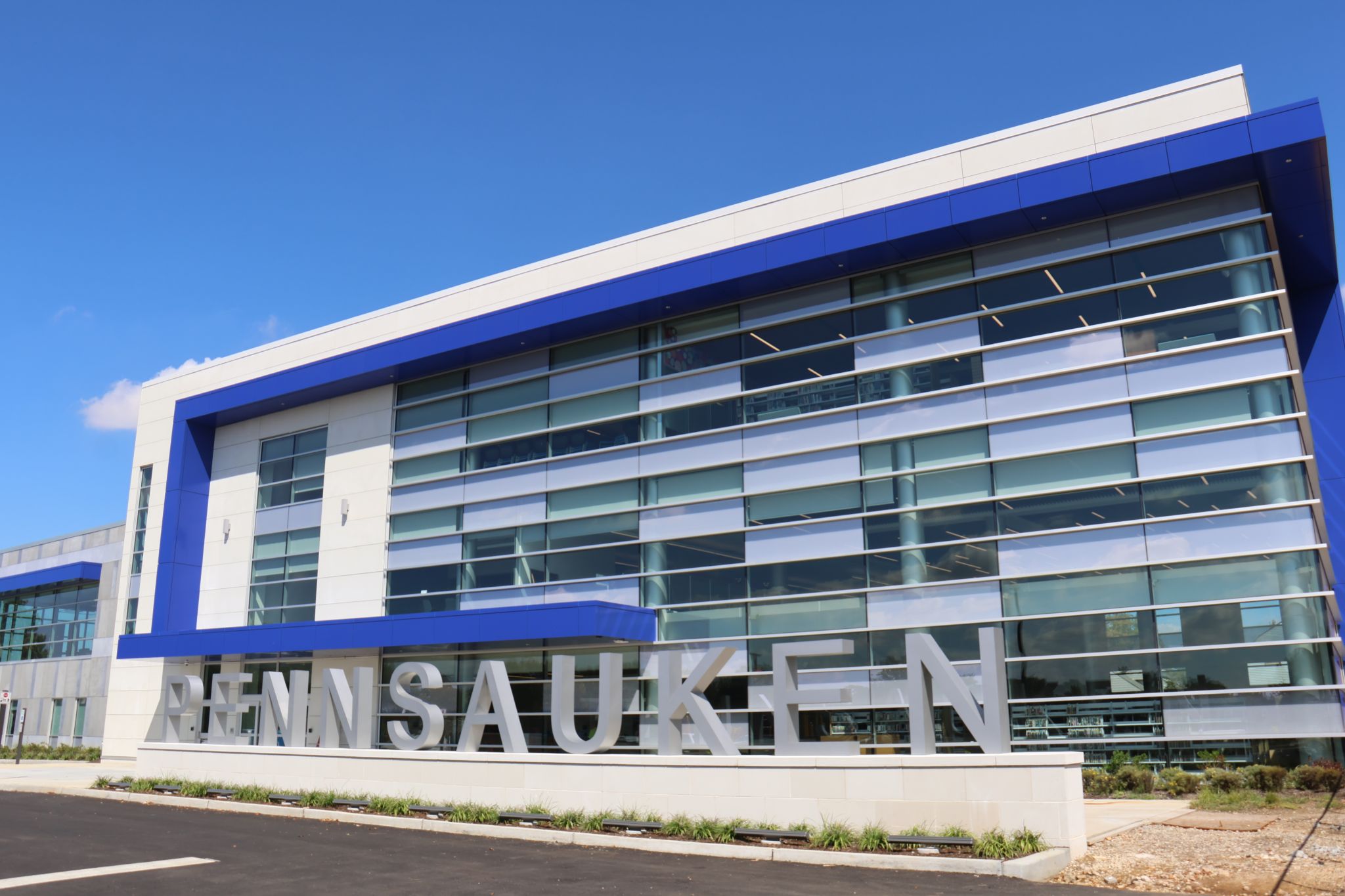 Pennsauken's new three-story gray and glass municipal building.