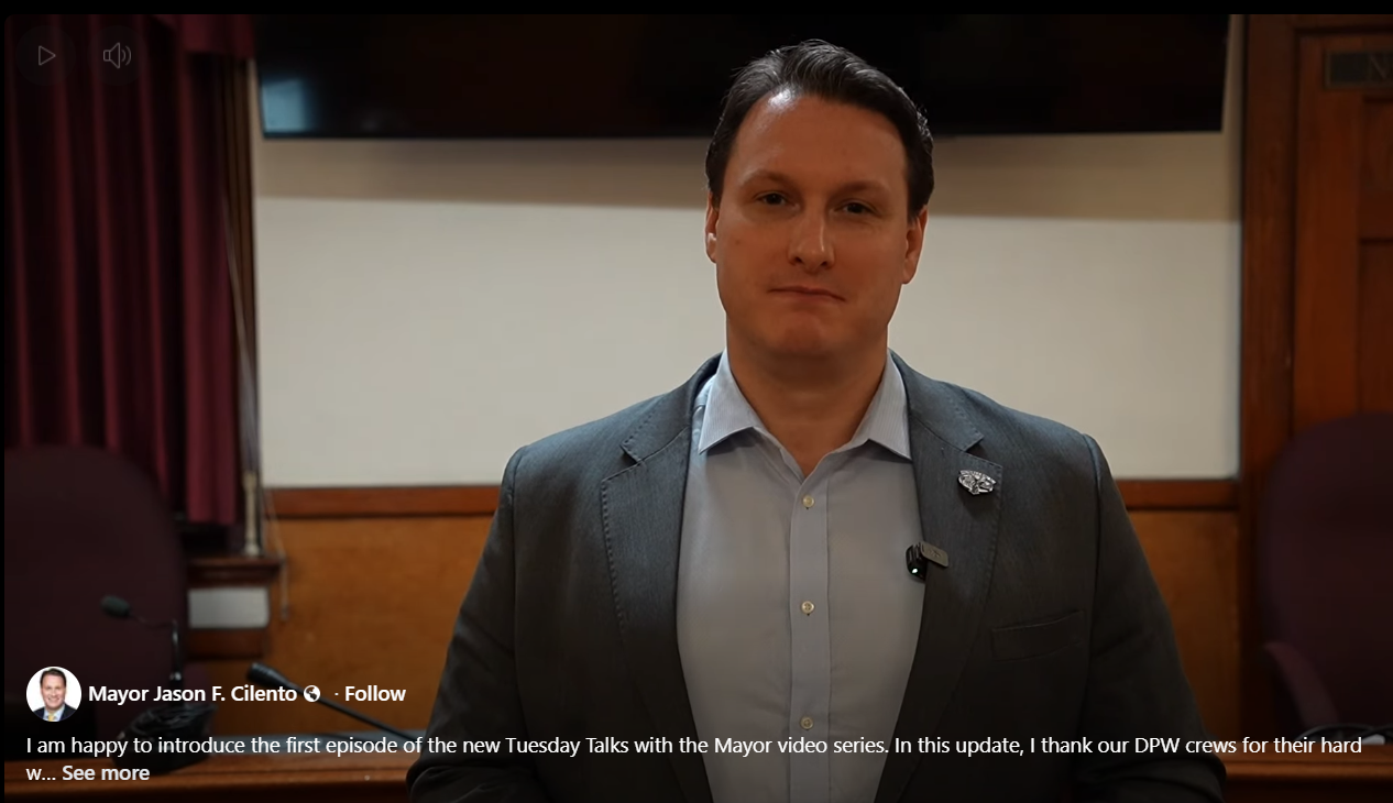 Mayor Jason Cilento speaking directly to camera for Tuesday Talks video.